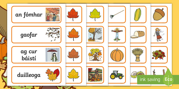 Autumn Topic Word Cards Gaeilge (teacher made) - Twinkl