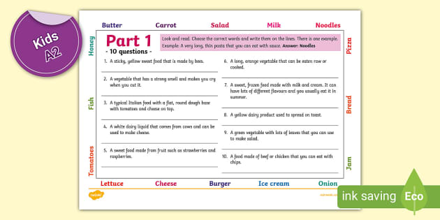 ESL YLE Flyers Reading and Writing Part 1 Activity Sheet (Food) [Kids, A2]