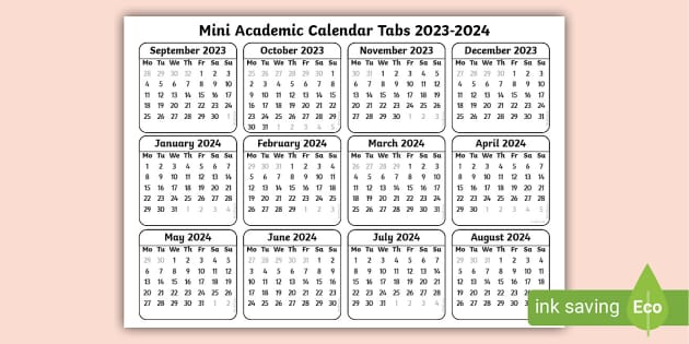 T C 8324 Mini Academic Tabs 2023 2024 Calendar Ver 2 