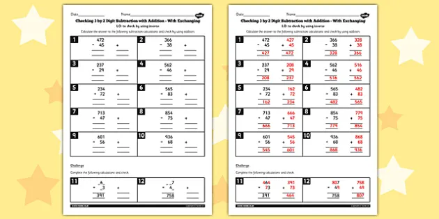 Y3 Inverse Check 3 Digit 2 Subtraction Addition Exchanging Sheet