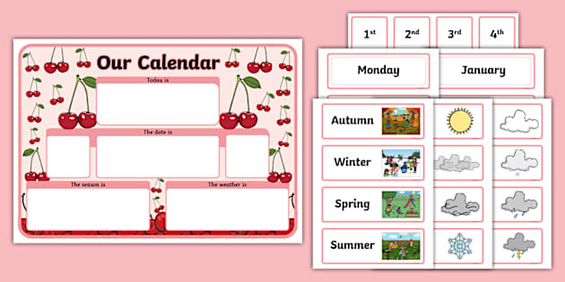 Cherry Themed Daily Calendar and Weather Chart - Twinkl