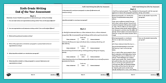 Sixth Grade End of the Year ELA Writing Assessment - Twinkl
