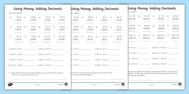 Free Printable Math Worksheet Addind Money Decimals