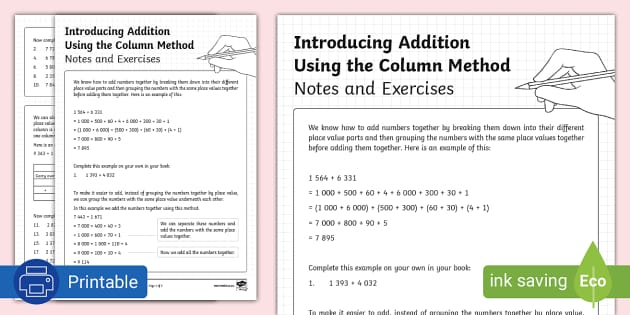 Introducing Addition Using The Column Method – Notes And Exercises