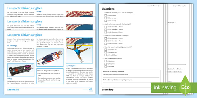 Winter Olympics Differentiated Reading Comprehension Activity French