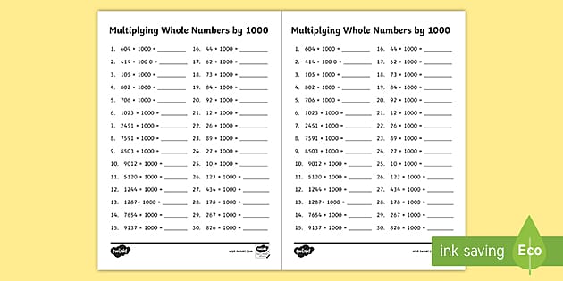 multiplying whole numbers by 1000 a5 worksheet