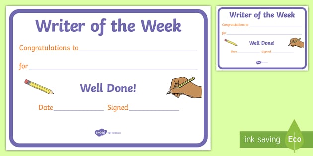 Writer of the Week Award Certificate (teacher made) - Twinkl