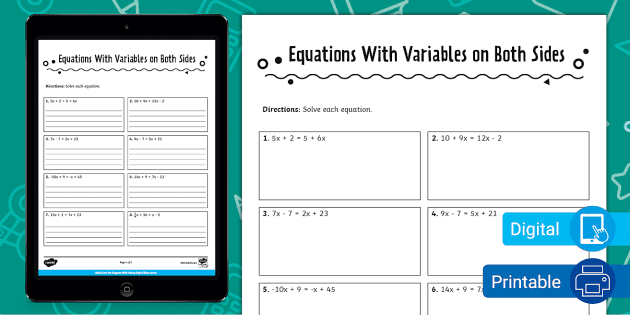 Eighth Grade Equations With Variables on Both Sides Activity