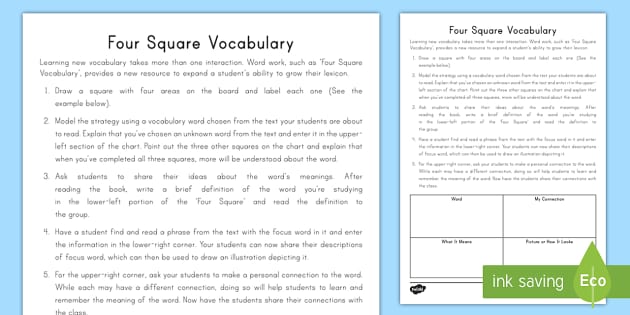 Vocabulary Four Square Template  Four square writing, Four square, Reading  vocabulary