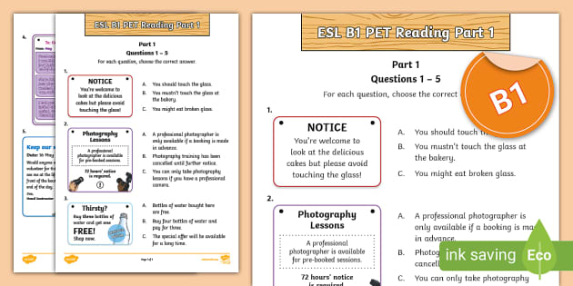 ESL B1 PET Reading Part 1 Worksheet (2) - Twinkl