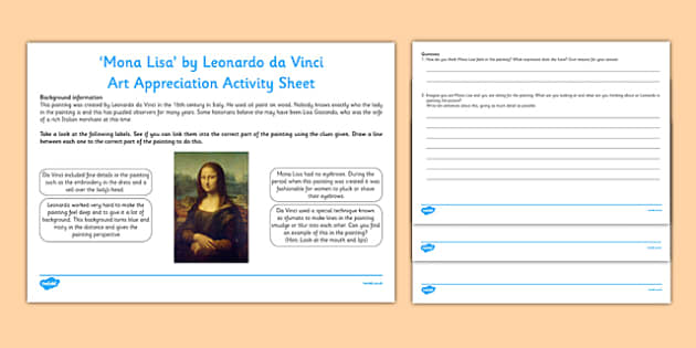 Mona Lisa By Da Vinci Art Appreciation Worksheet Activity