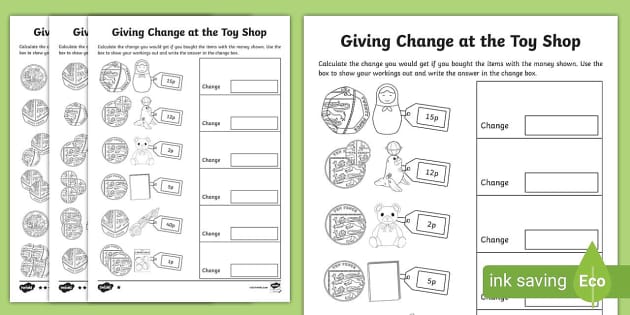 KS1 Maths Giving Change at the Toy Shop Worksheet / Activity Sheets