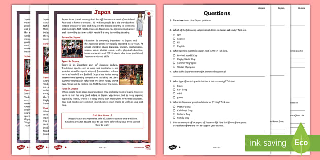 japan reading comprehension differentiated worksheets