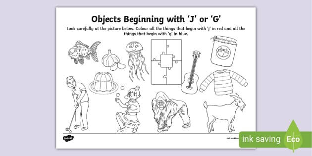 Objects Beginning with 'J' or 'G' Colouring Page - Twinkl