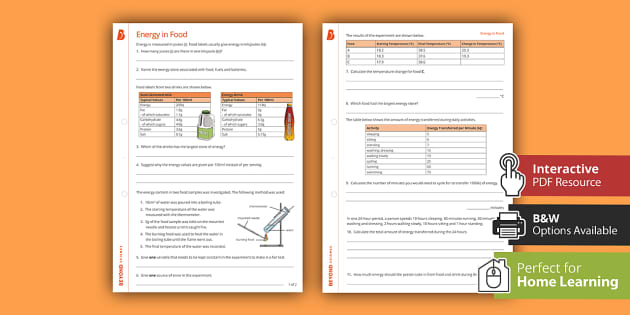 Energy In Food Worksheet | KS3 Physics | Beyond