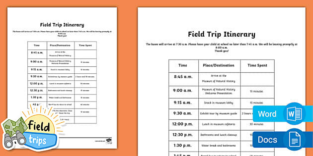 field trip itinerary sample