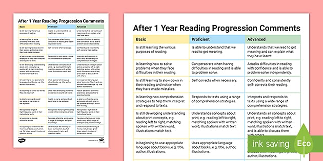 After 1 Year Reading Progression Comments Guide