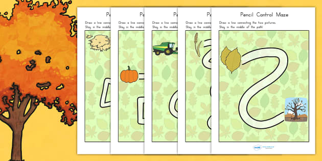 Autumn Themed Pencil Control Maze Worksheets - fine motor skills