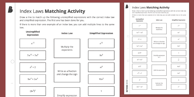 Index Laws Matching Activity - Beyond Secondary Maths