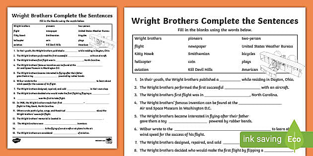 Wright Brothers Complete The Sentences Activity Twinkl