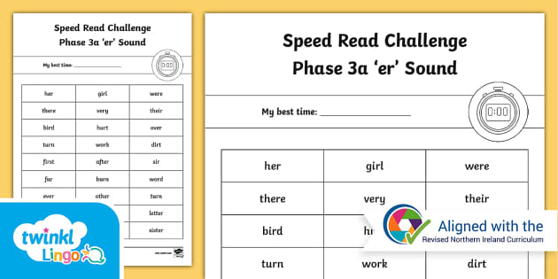 NI Linguistic Phonics Phase 3a 'er' Sound Speed Read Challenge