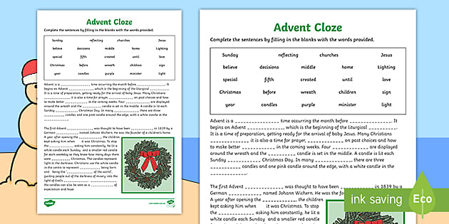 Catholic Advent Cloze Worksheet (PDF) (Teacher-Made)