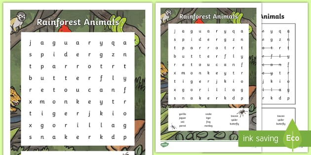 rainforest animals word search primary resources