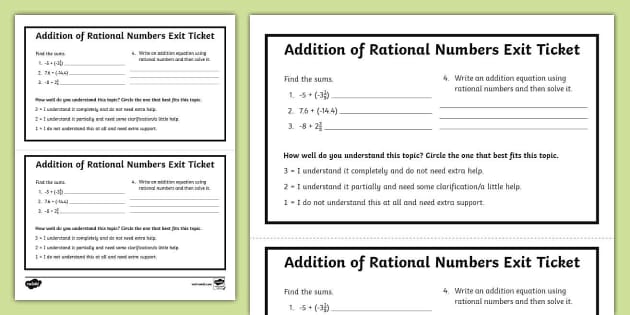 Seventh Grade Addition of Rational Numbers Exit Ticket