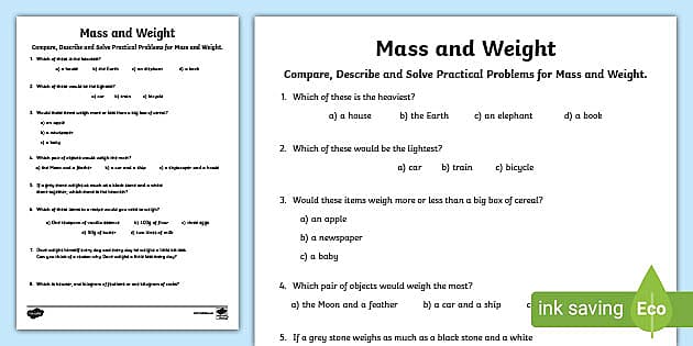 Compare, Solve and Describe Practical Problems for Mass and Weight Worksheet  /