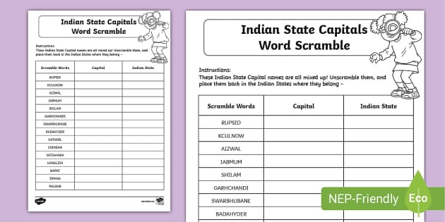 Indian State Capitals Word Scramble l enseignant A Fait 