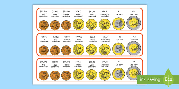 Modello stampabile set di monete Euro
