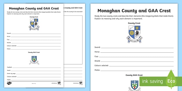 Monaghan County and GAA Crest Worksheet / Worksheet - Twinkl