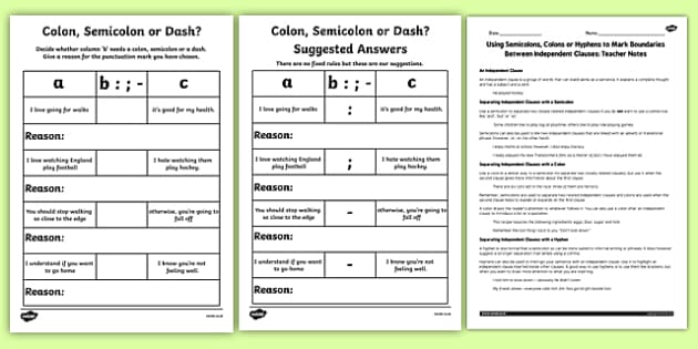 Using Semicolons Colons or Dashes to Mark Boundaries Lesson Teaching Pack