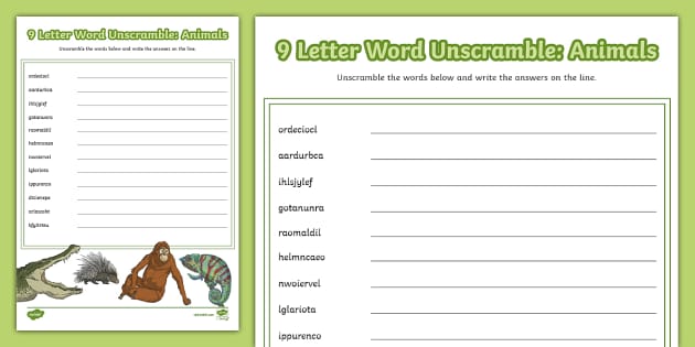 Nine Letter Long Words Unscramble: Animals (Teacher-Made)