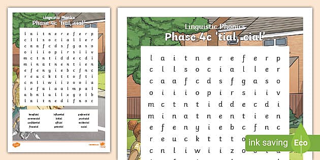 Linguistic Phonics Phase 4c 'tial, cial' Word Search