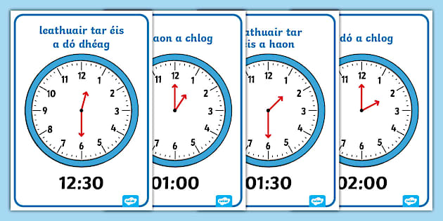 O Clock And Half Past On Clocks Display Posters Gaeilge Requests