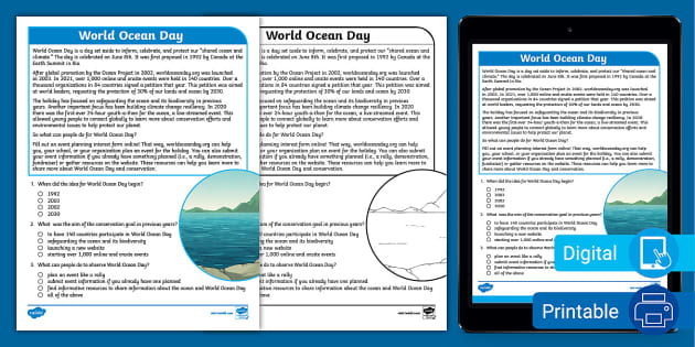 World Oceans Day Comprehension Reading Activity | Twinkl USA