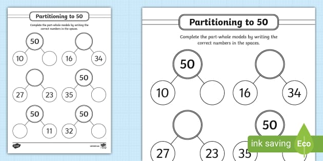 👉 Partitioning: Number Bonds to 50 Worksheet - Twinkl