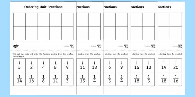 Ordering Unit Fractions Activity Fractions unit fractions