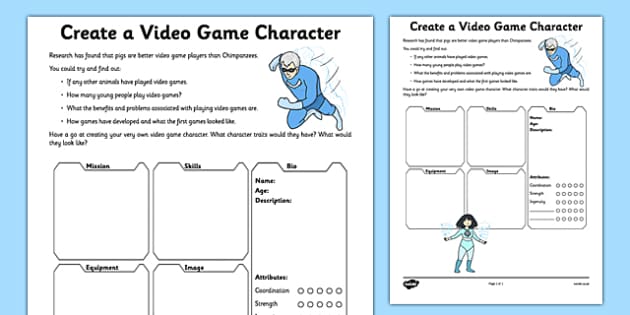 Create A Video Game Character Worksheet Worksheet