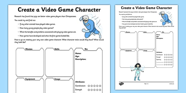 create a video game character worksheet worksheet