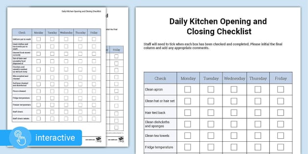 Daily Kitchen Opening and Closing Checklist for Private Early Years