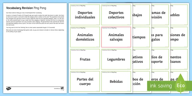 Motear Suministro Loza de barro Ping Pong Vocabulary Revision Challenge Cards Spanish