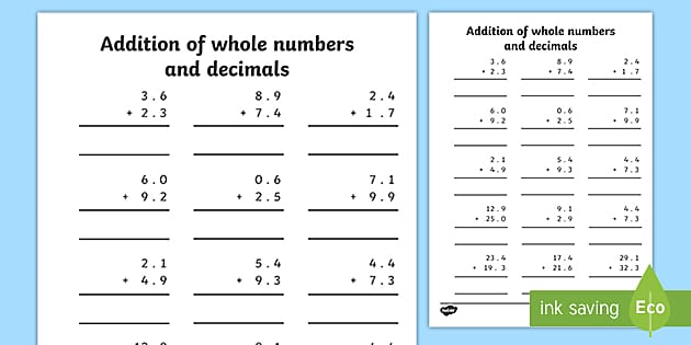 addition-of-whole-numbers-and-decimals-to-one-place-worksheet
