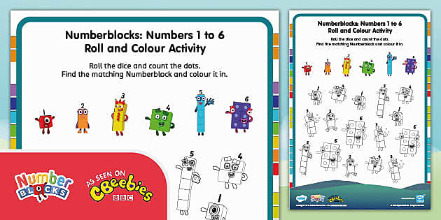 👉 Numberblocks: Numbers 1 to 6 Roll and Colour Worksheet