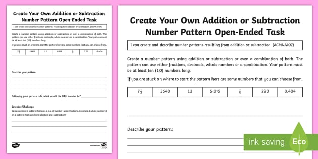 Create an Addition or Subtraction Number Pattern Open-Ended Worksheet