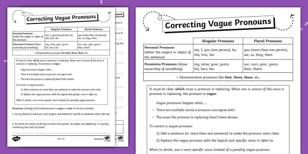 Sixth Grade Correcting Vague Pronouns Worksheet Twinkl