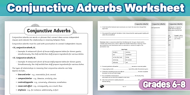 Conjunctive Adverbs Worksheet for 6th-8th Grade