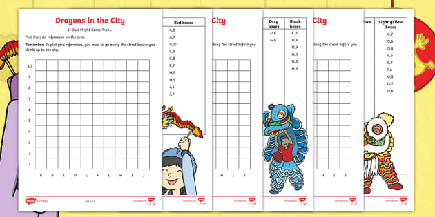 Dragons in the City Grid References Worksheets - Twinkl