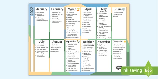 2022 New Zealand Holidays And Festivals Calendar - Twinkl